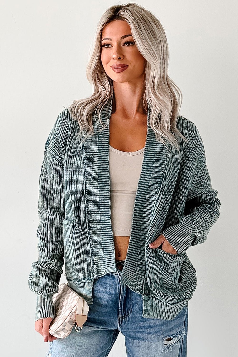 Chestnut Mineral Wash Exposed Seam Patchwork Knit Open Sweater Cardigan