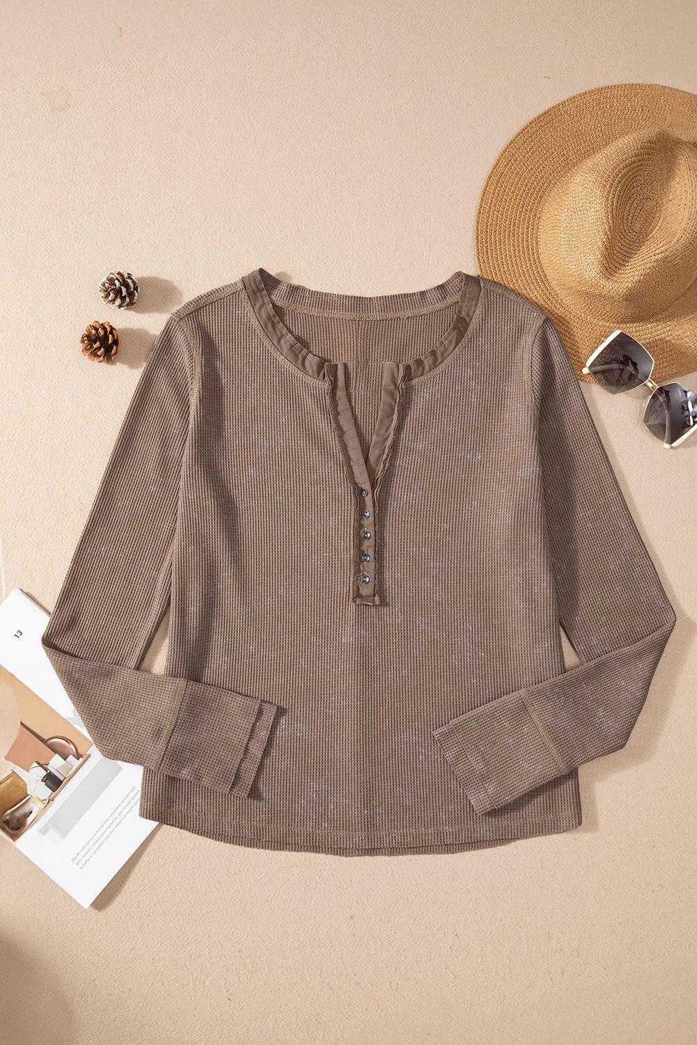 Coffee Button V Neck Waffle Knit Top