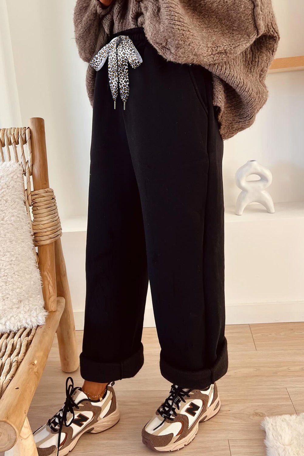 Coffee Leopard Drawstring Winter Fleece Pants