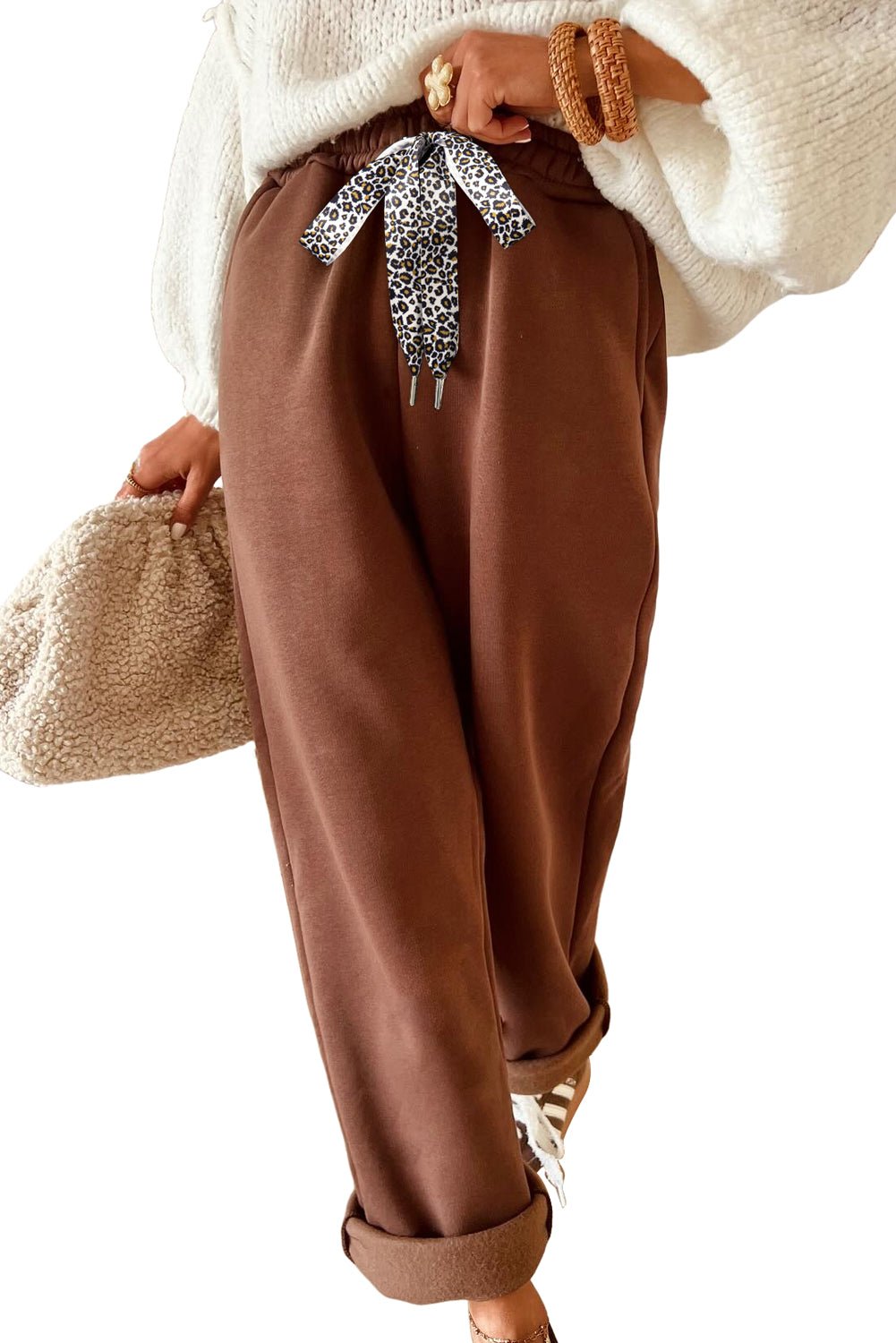 Coffee Leopard Drawstring Winter Fleece Pants