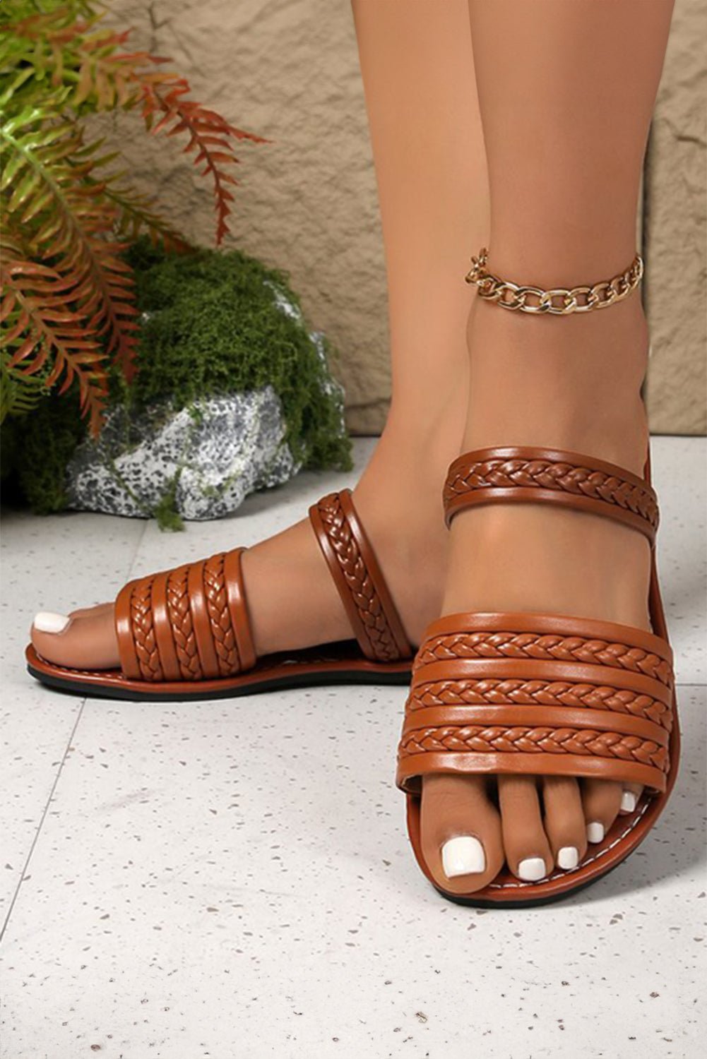 Coffee PU Leather Braided Flat Slippers