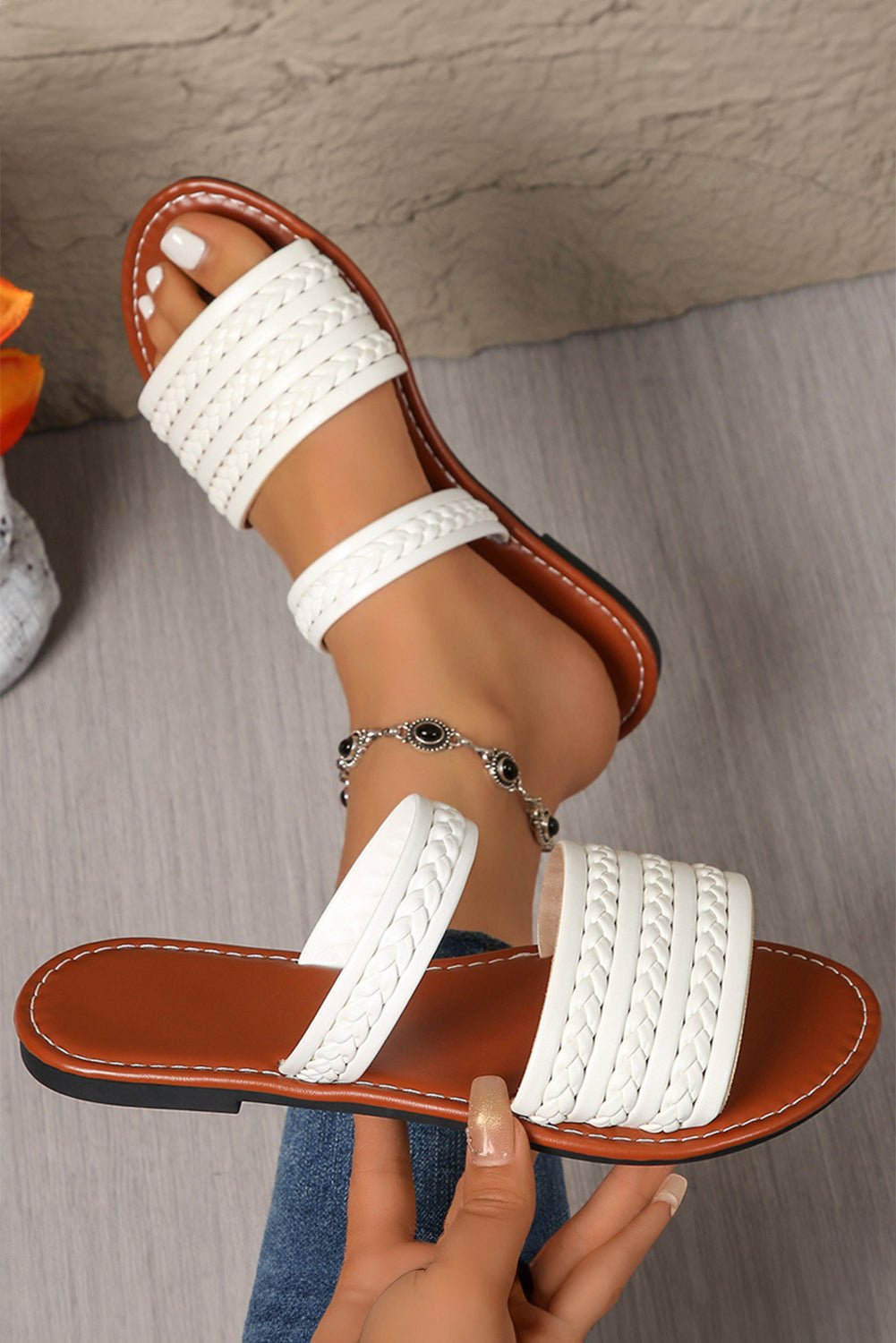 Coffee PU Leather Braided Flat Slippers