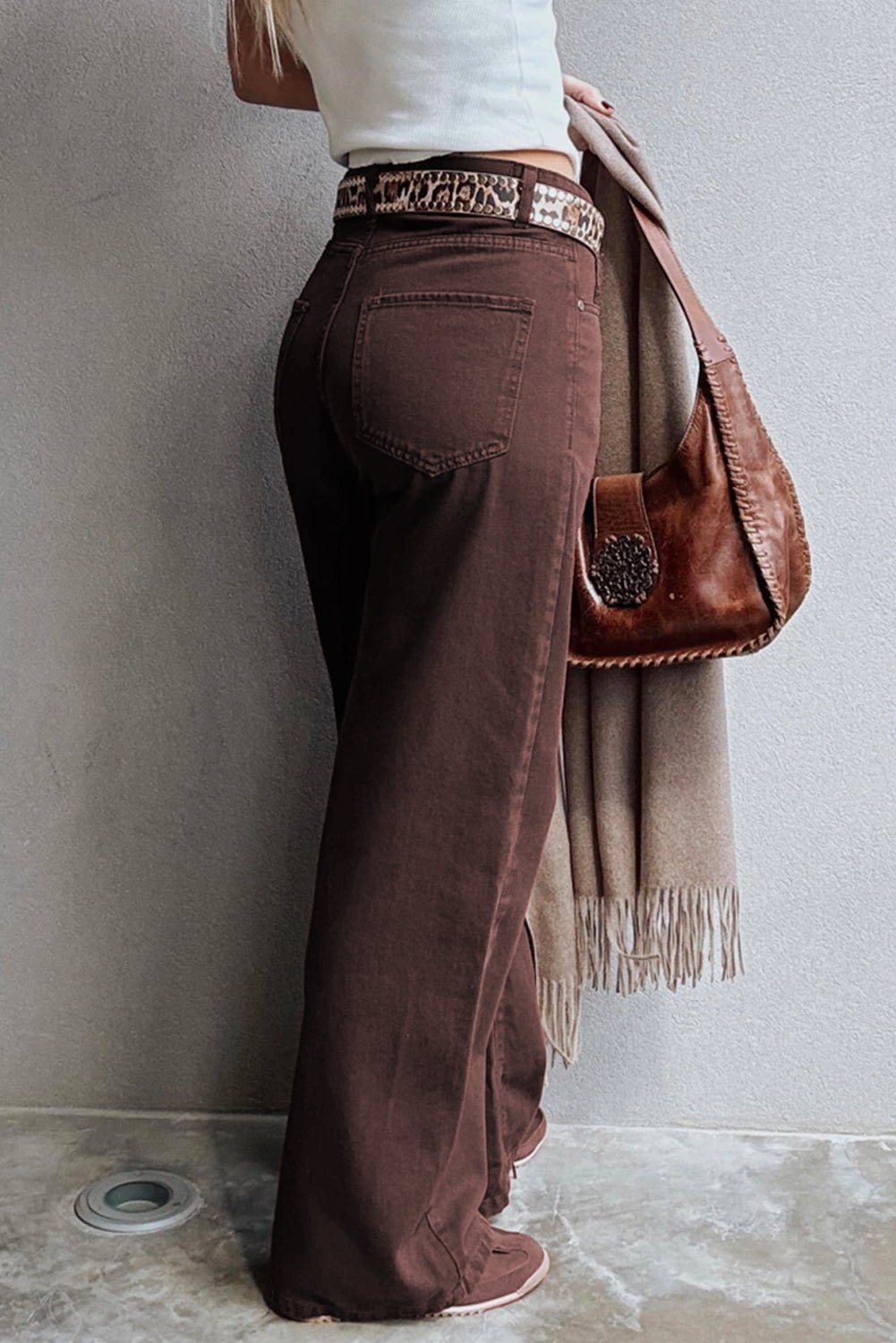 Coffee Solid Color Loose Straight High Waist Jeans