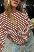 Coffee Striped Long Sleeve Round Neck Loose Fit Sweatshirt
