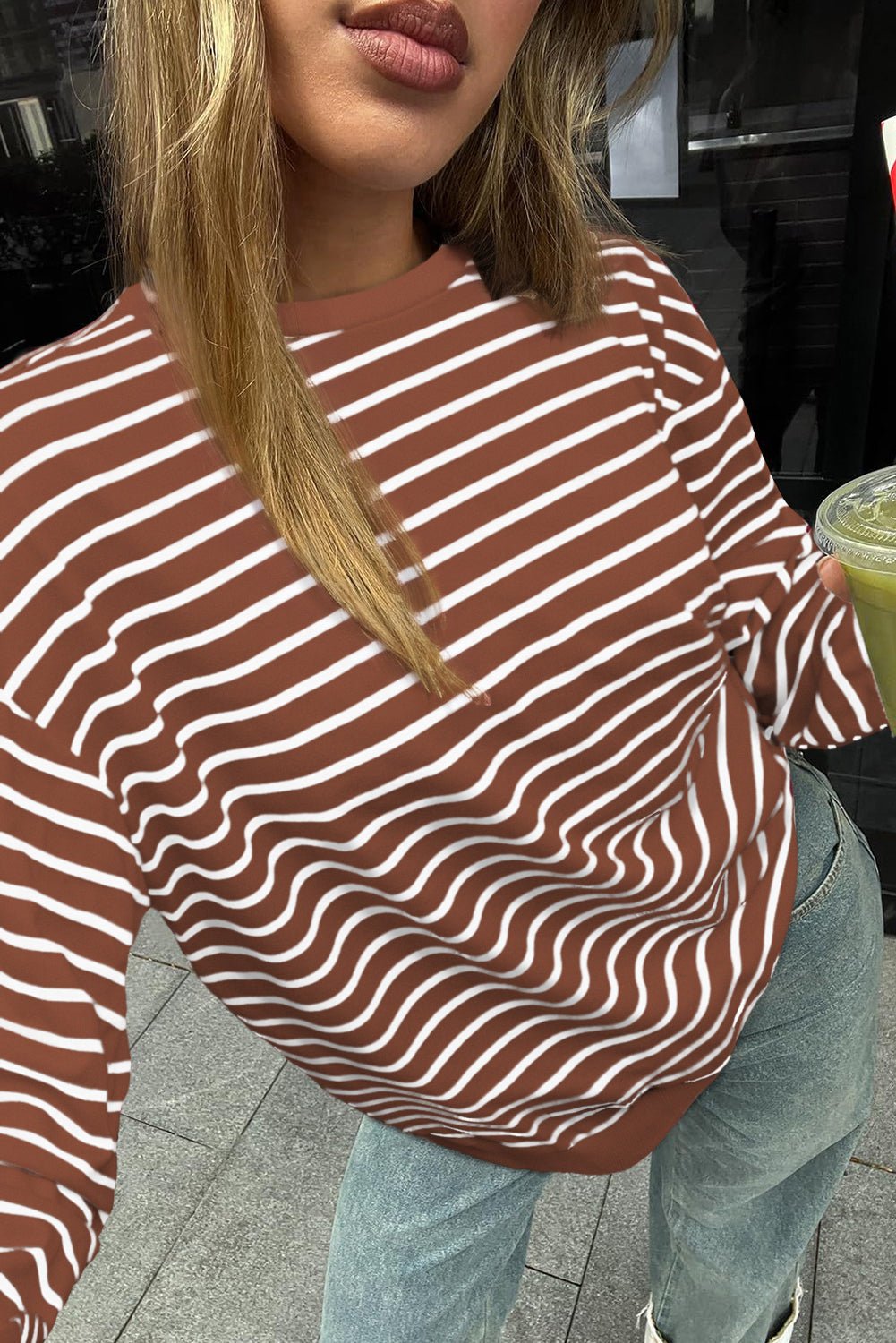 Coffee Striped Long Sleeve Round Neck Loose Fit Sweatshirt