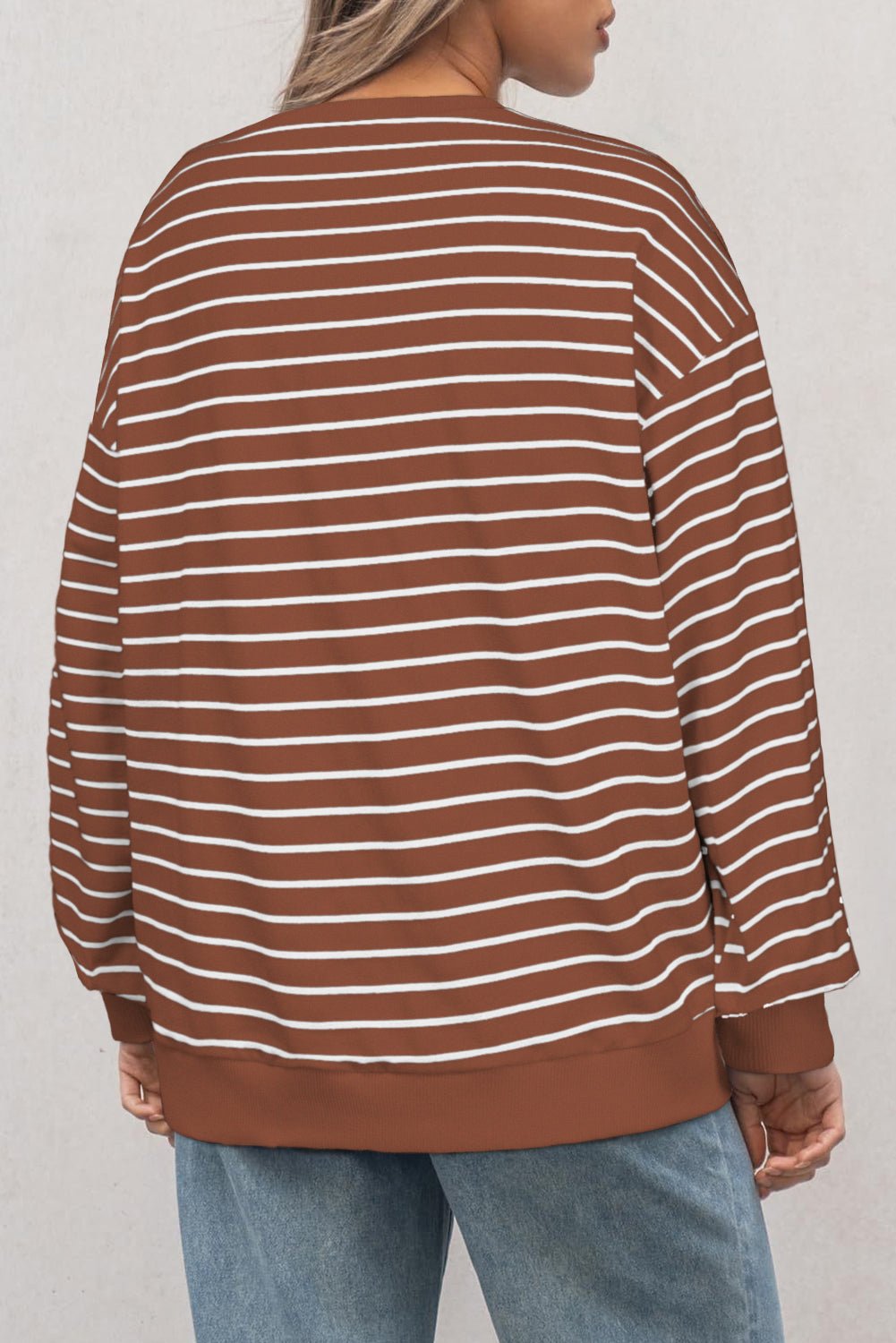 Coffee Striped Long Sleeve Round Neck Loose Fit Sweatshirt