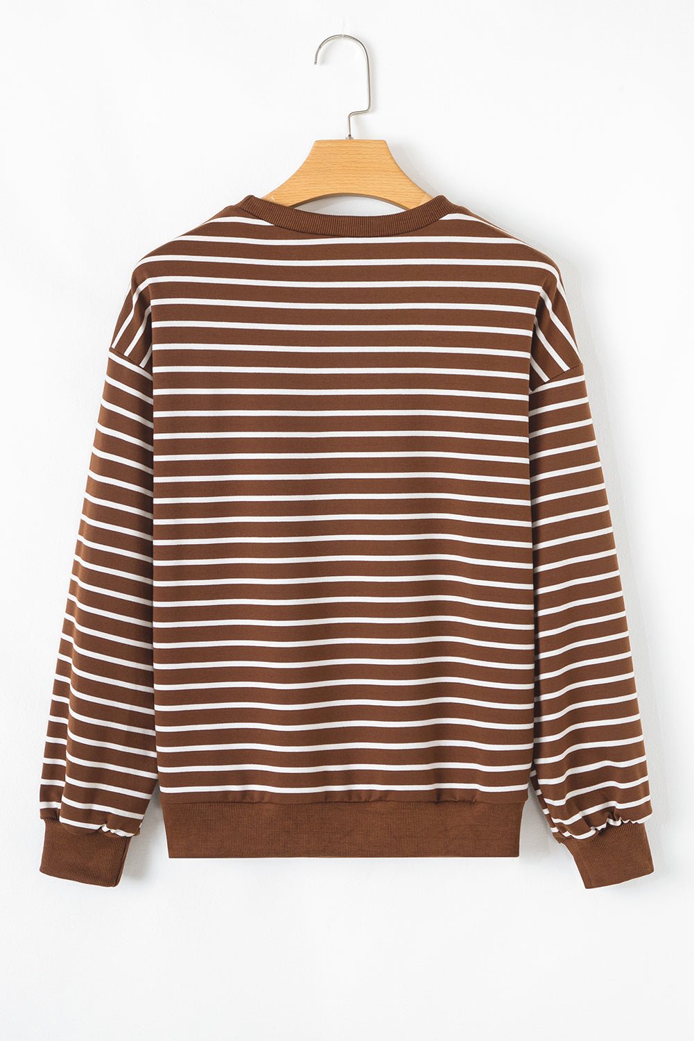 Coffee Striped Long Sleeve Round Neck Loose Fit Sweatshirt