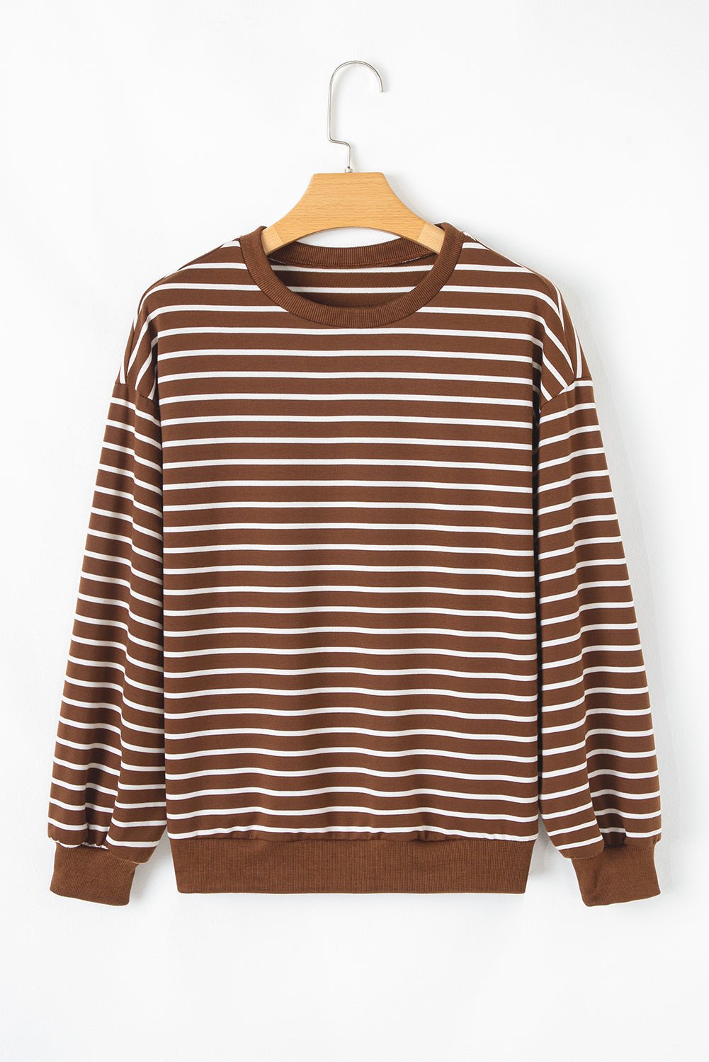 Coffee Striped Long Sleeve Round Neck Loose Fit Sweatshirt