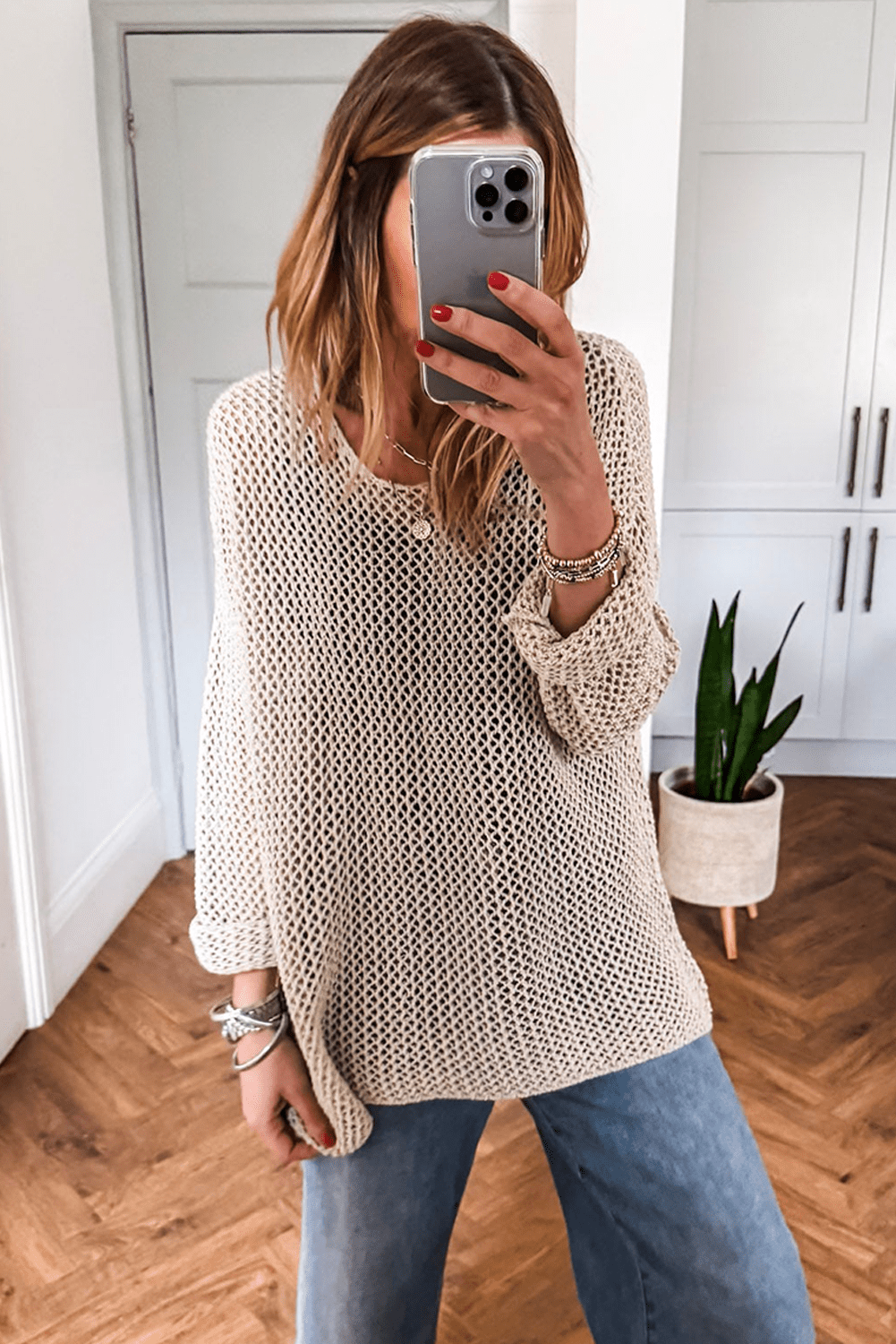 Coral Crochet Hollow-out Knit Sweater