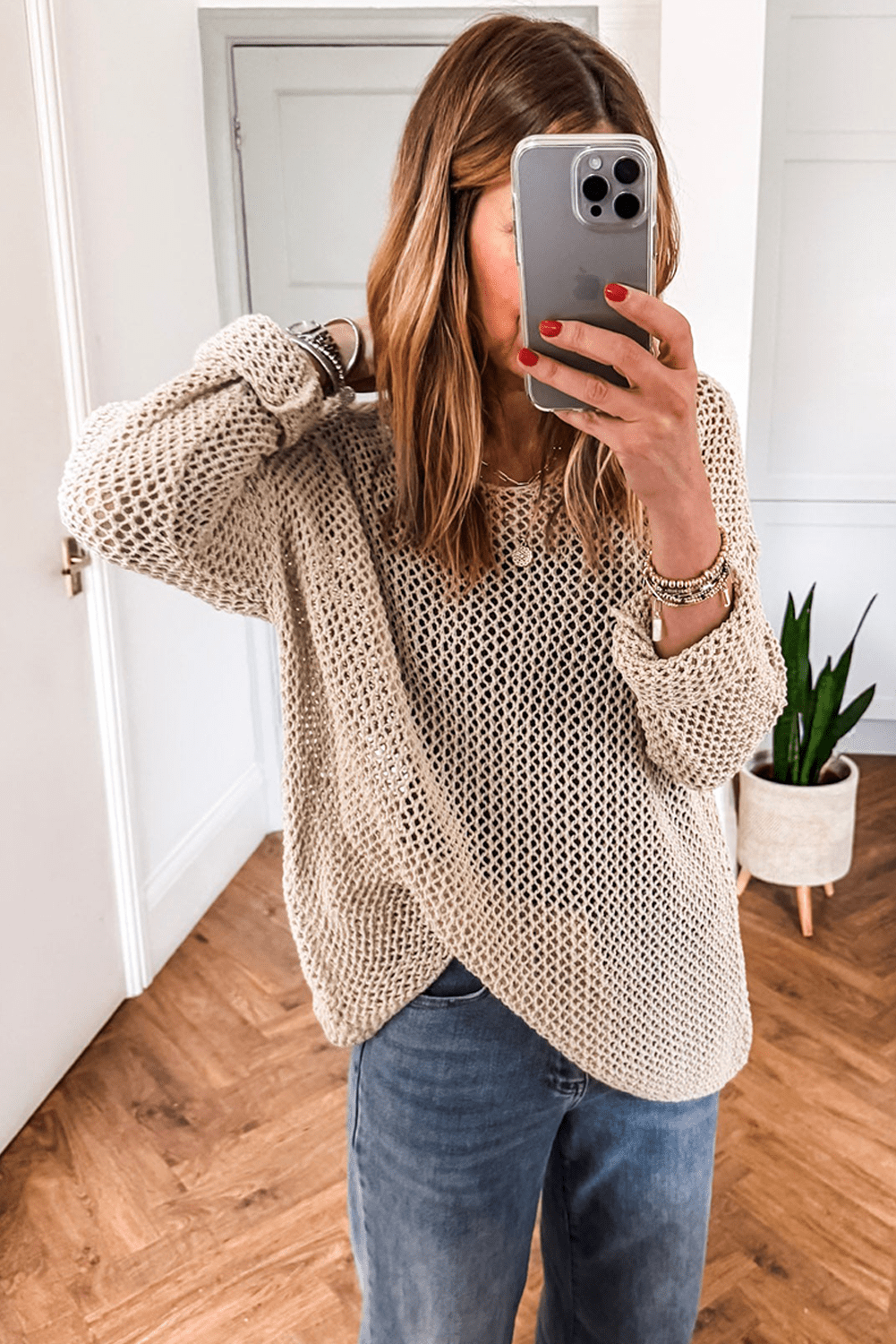 Coral Crochet Hollow-out Knit Sweater