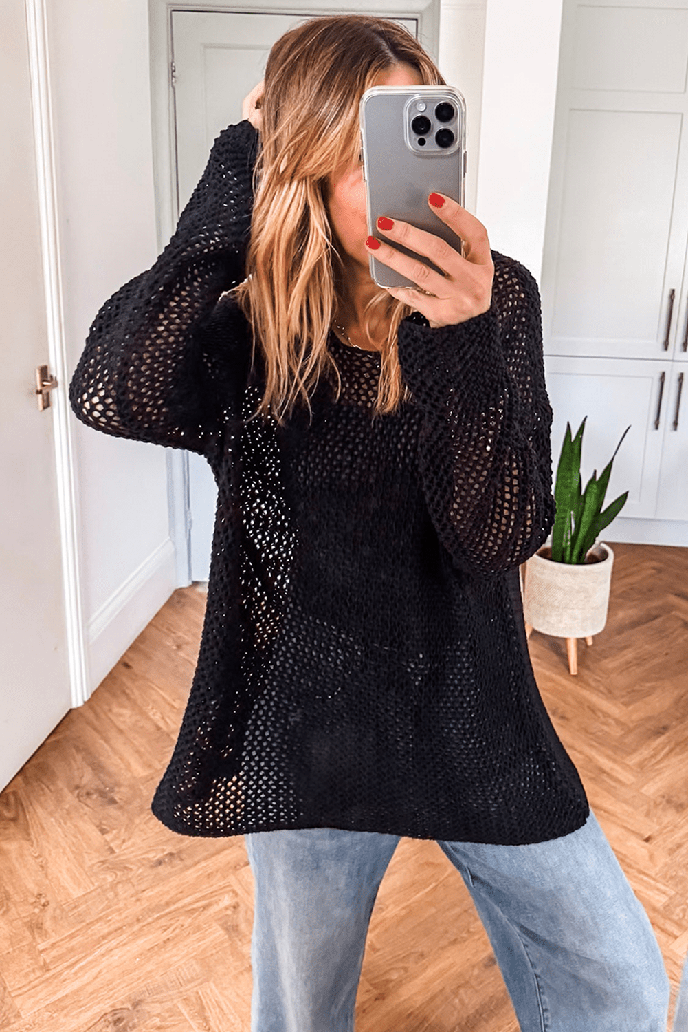 Coral Crochet Hollow-out Knit Sweater