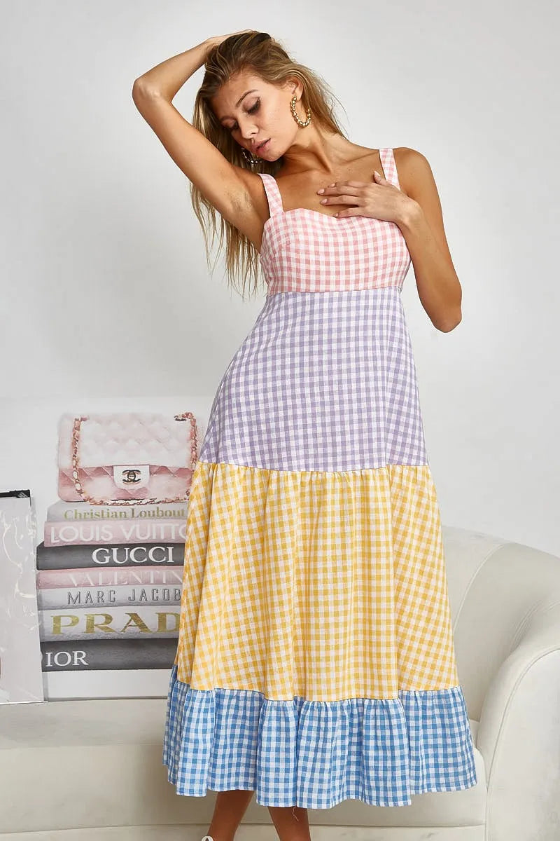 Color Block Tiered Gingham Dress