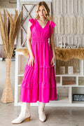 V-Neck Ruffle Trim Tiered Midi Dress