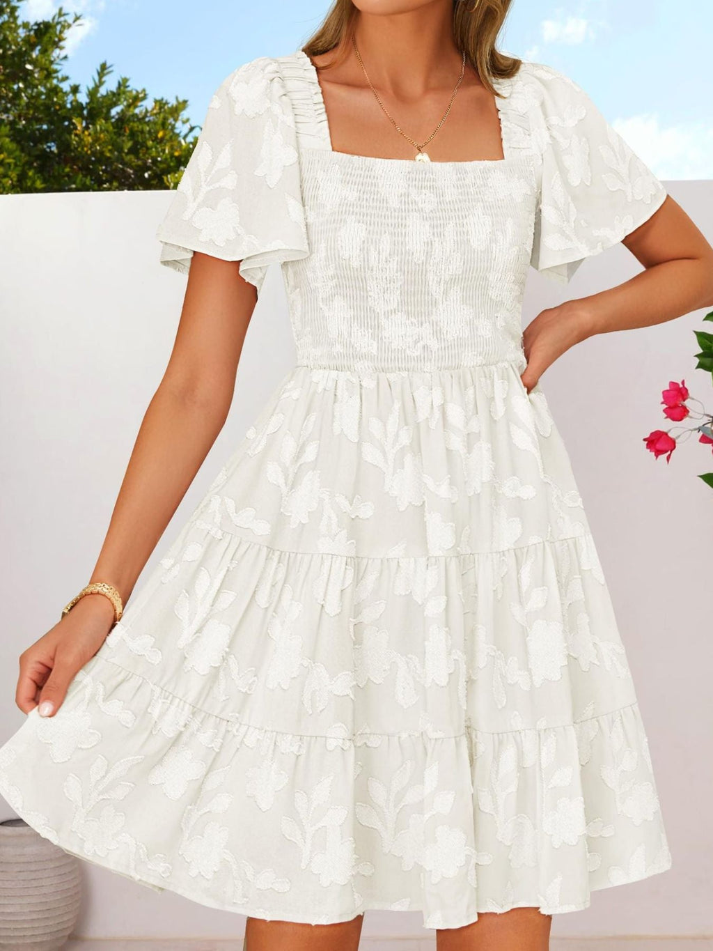 Tiered Square Neck Short Sleeve Dress