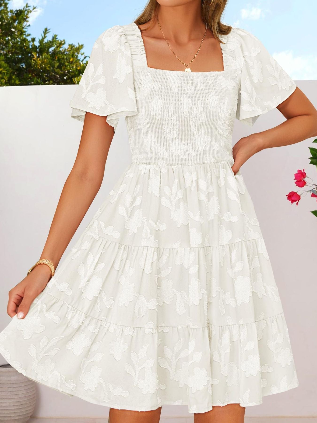 Tiered Square Neck Short Sleeve Dress