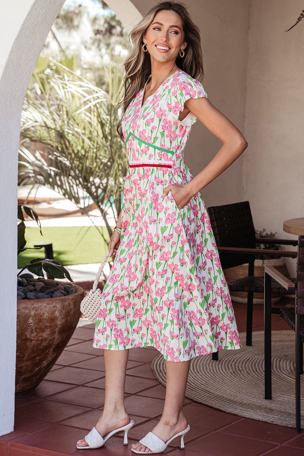 Floral Contrast Trim V-Neck Midi Dress