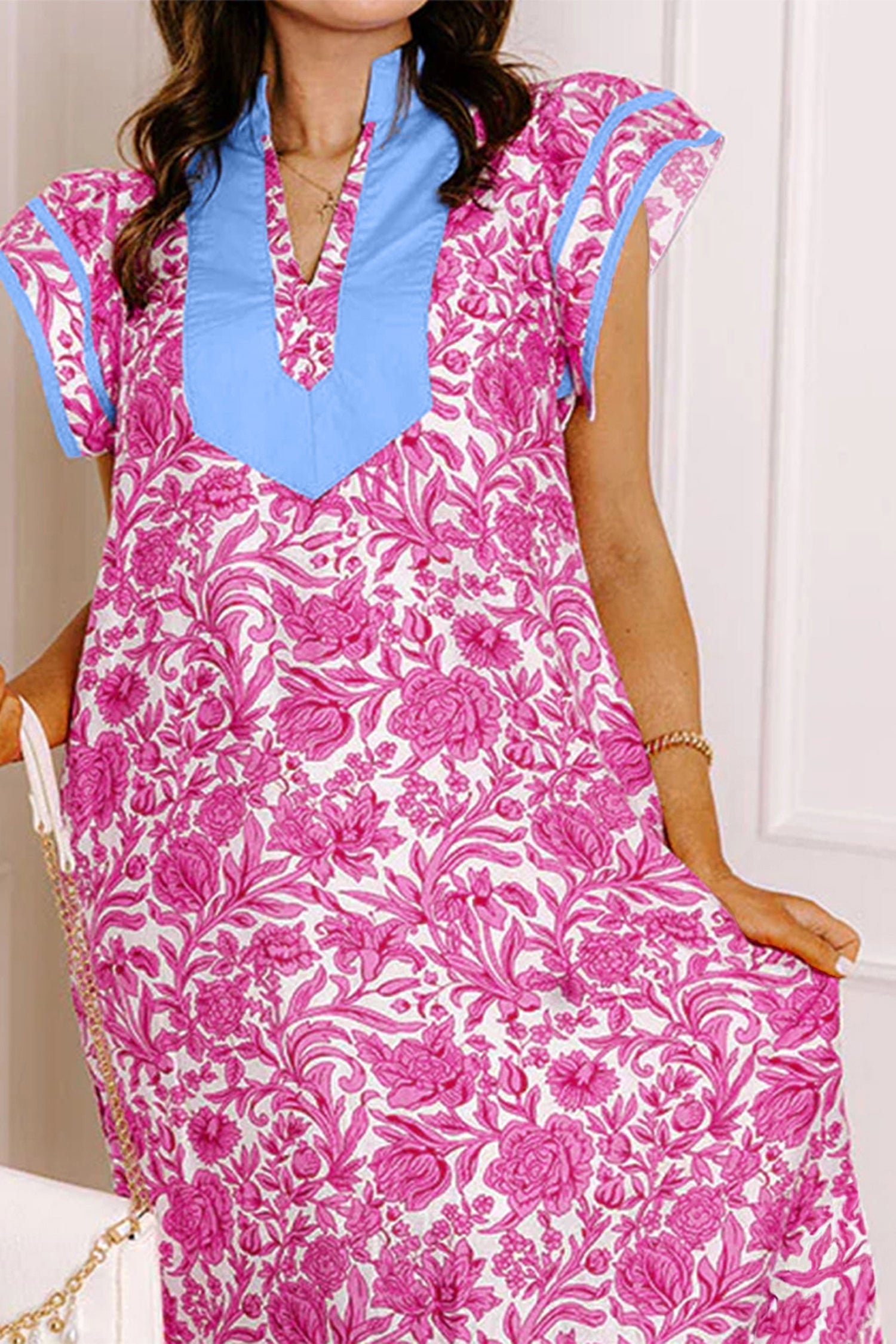 Green Floral Print Color Block Patchwork V Neck Short Sleeve Midi Dress