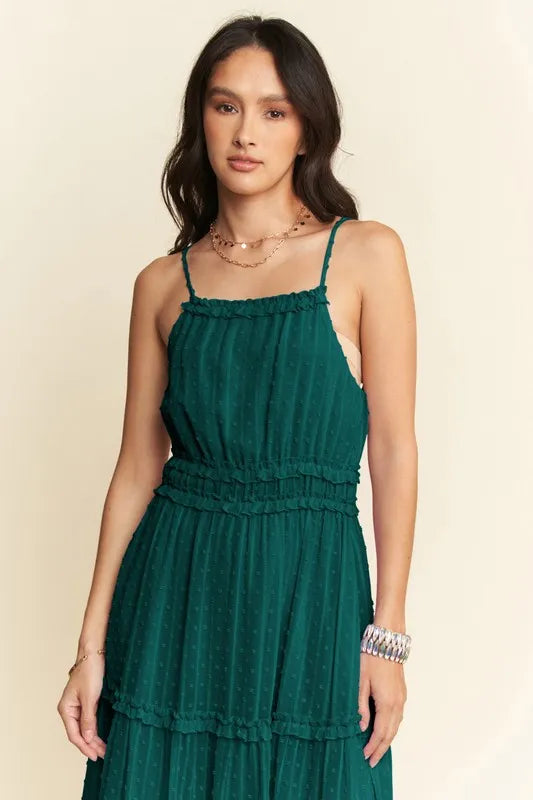 Texture Swiss Dot Ruffle Square Neck Midi Dress