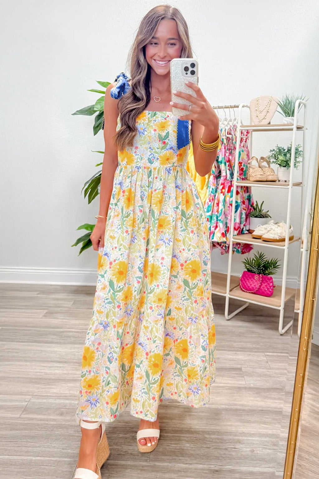 Red Floral Print Contrast Stitched Knot Denim Straps High Waist Dress