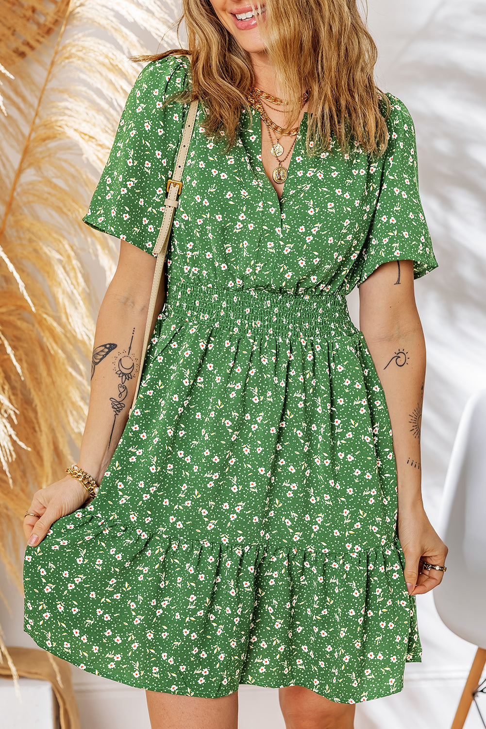Black Floral Print Wrap V Neck Short Sleeve High Waistband Mini Dress
