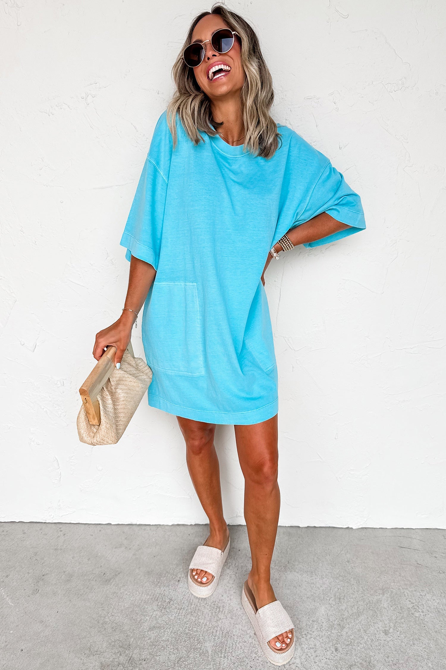 Coral Paradise Drop Shoulder Loose Casual T Shirt Mini Dress