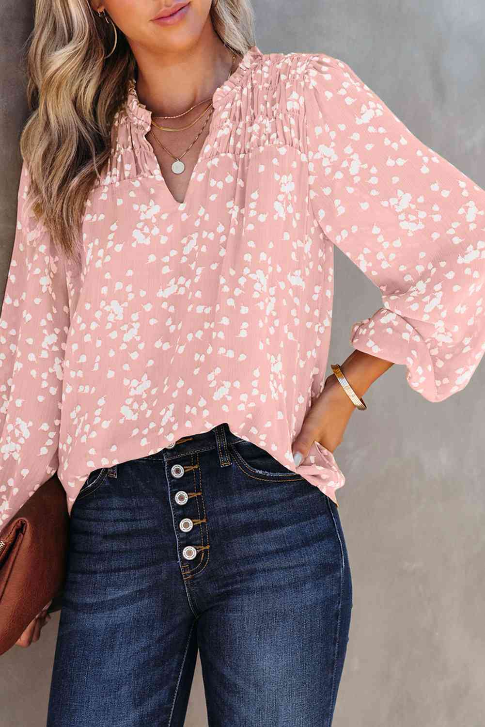 Printed Notched Neck Smocked Blouse