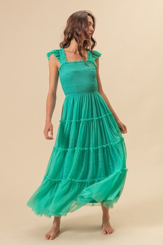 Frill Mesh Tiered Midi Dress