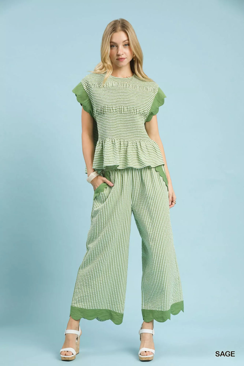 Stripe Scallop Hem Wide Leg Pants