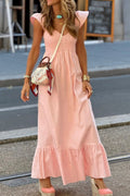 V Neck Ruffled Cap Sleeve Smocked Maxi Dress