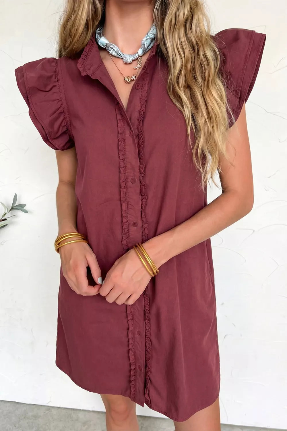 Frilled Detail Button Down Ruffle Short Sleeve Denim Mini Dress