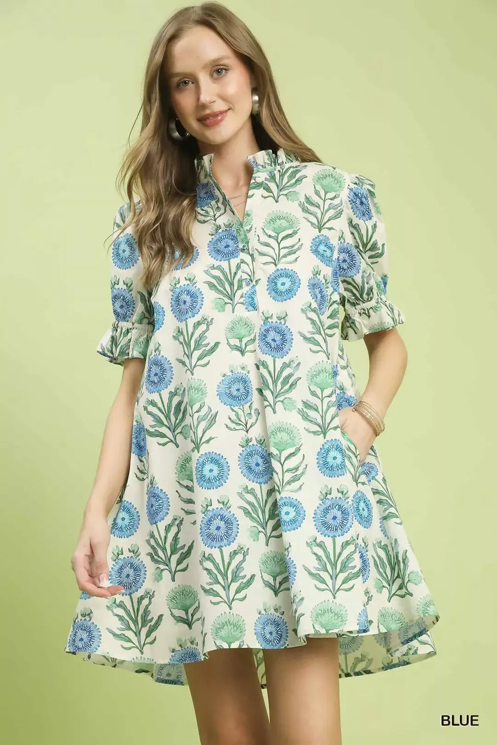 Floral Puff Sleeve Babydoll Dress with Side Pockets