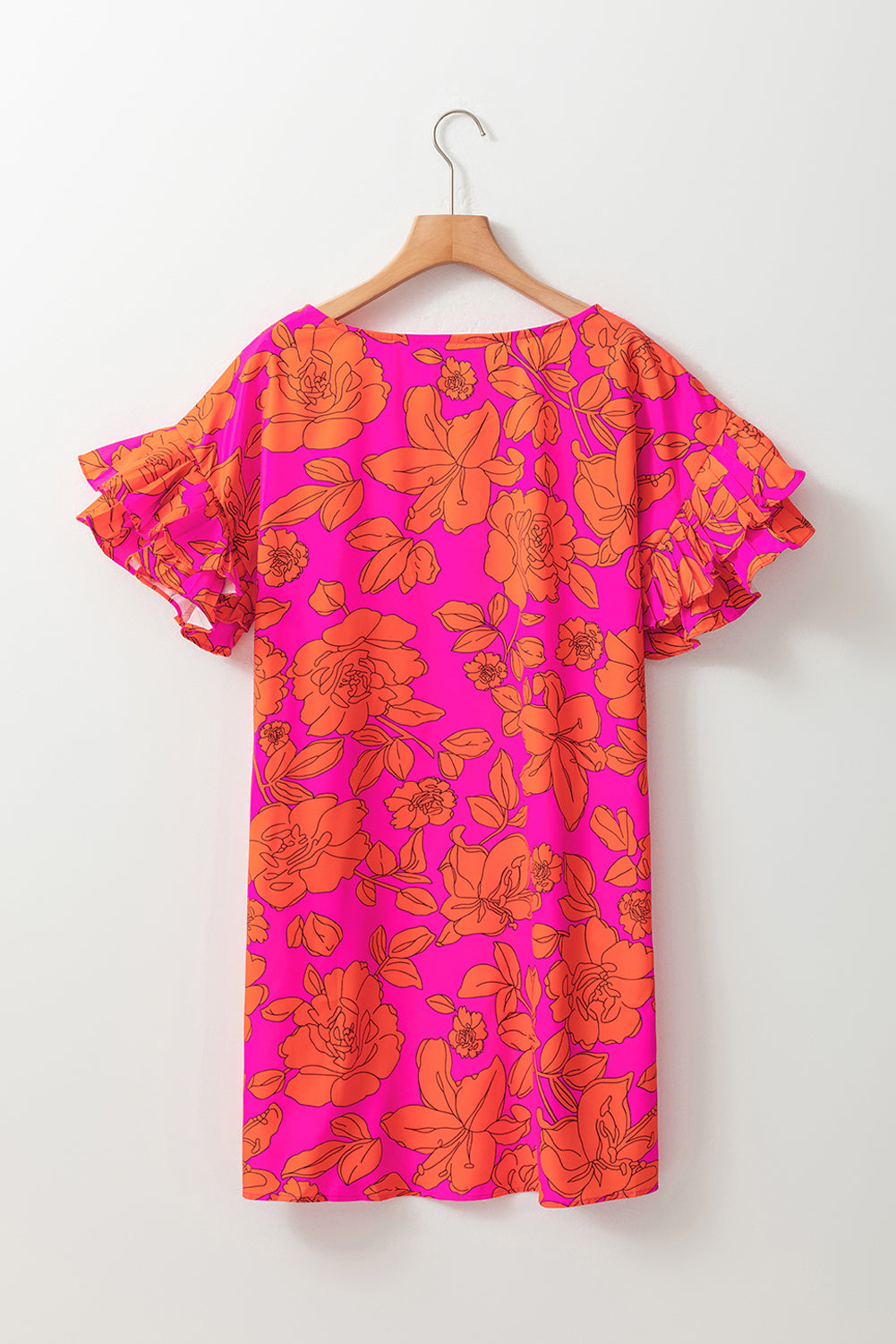 Pink Floral Print Loose Layered Ruffle Sleeve Short Dress