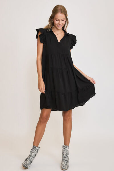 Full Size Johnny Collar Ruffle Cap Sleeve Tiered Dress Plus Size
