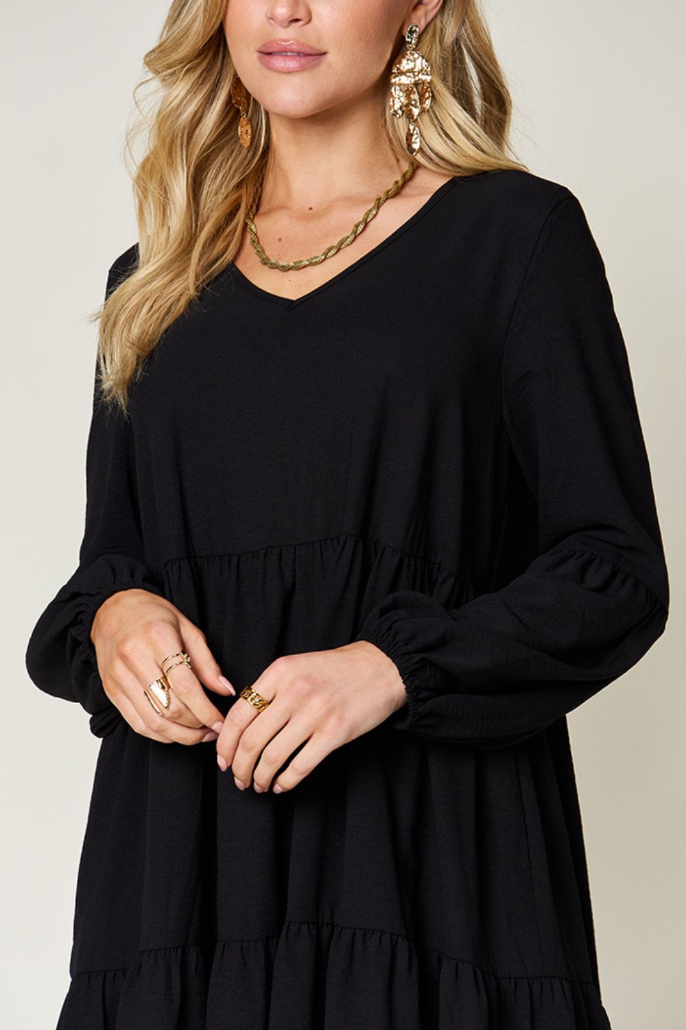 Full Size V-Neck Balloon Sleeve Tiered Dress
