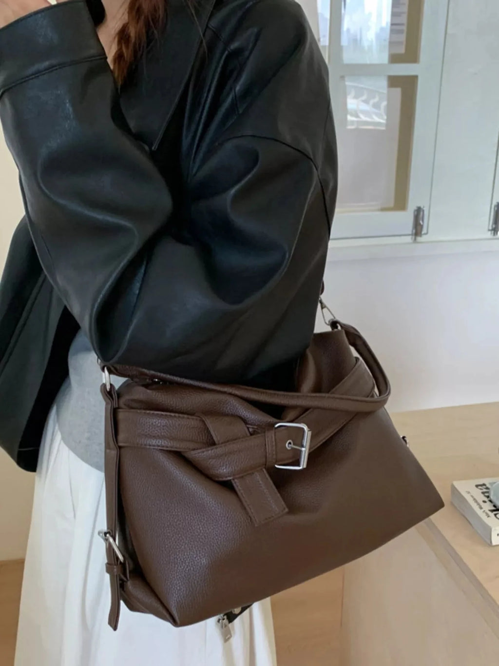 Decor Buckle Leather Shoulder Bag