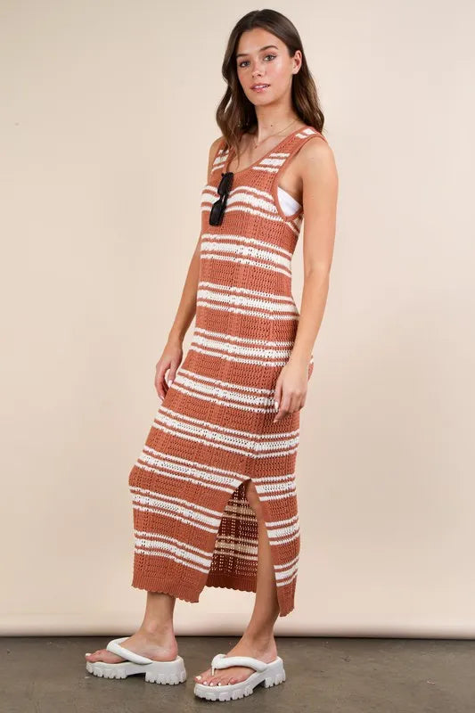 Stripe Knit Casual Sweater Midi Dress