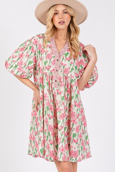 Floral Half Button Notched Puff Sleeve Dress