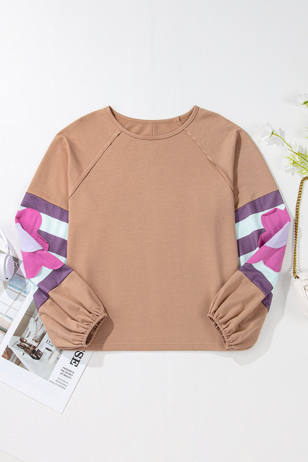 Dune Flower Patchwork Exposed Seam Raglan Sleeve Top