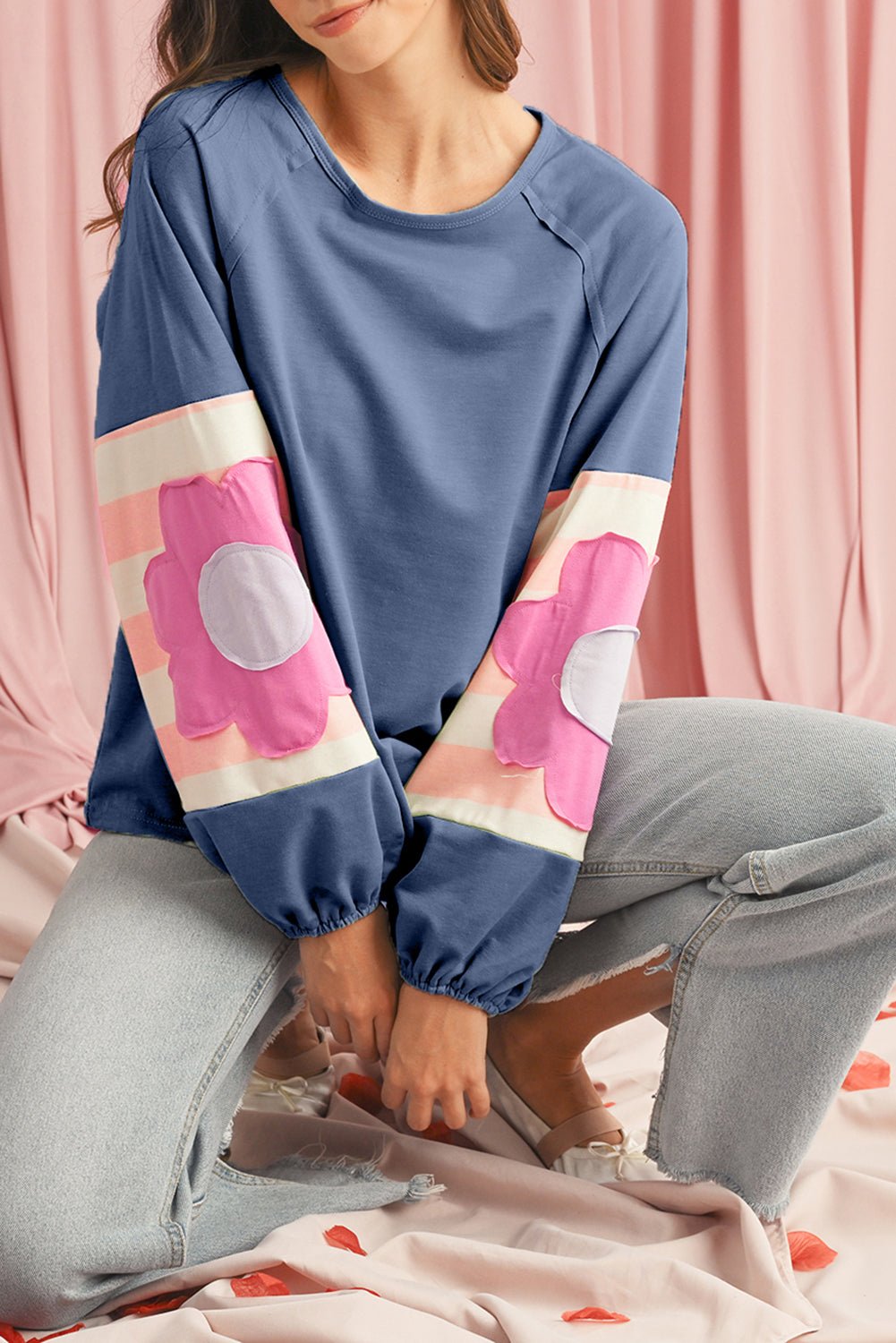 Dune Flower Patchwork Exposed Seam Raglan Sleeve Top