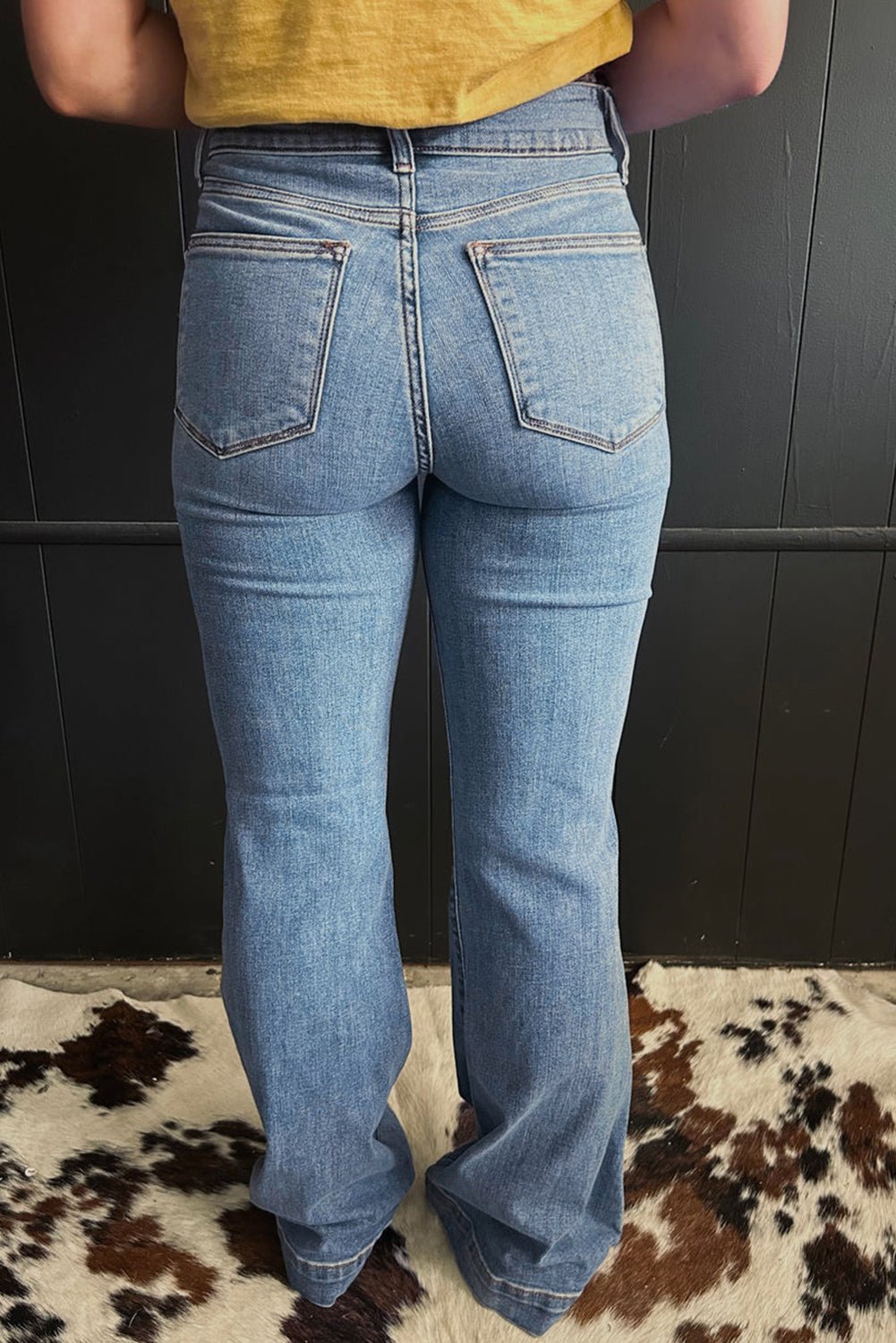 Dusk Blue Buttoned High Waist Piping Trim Flared Jeans