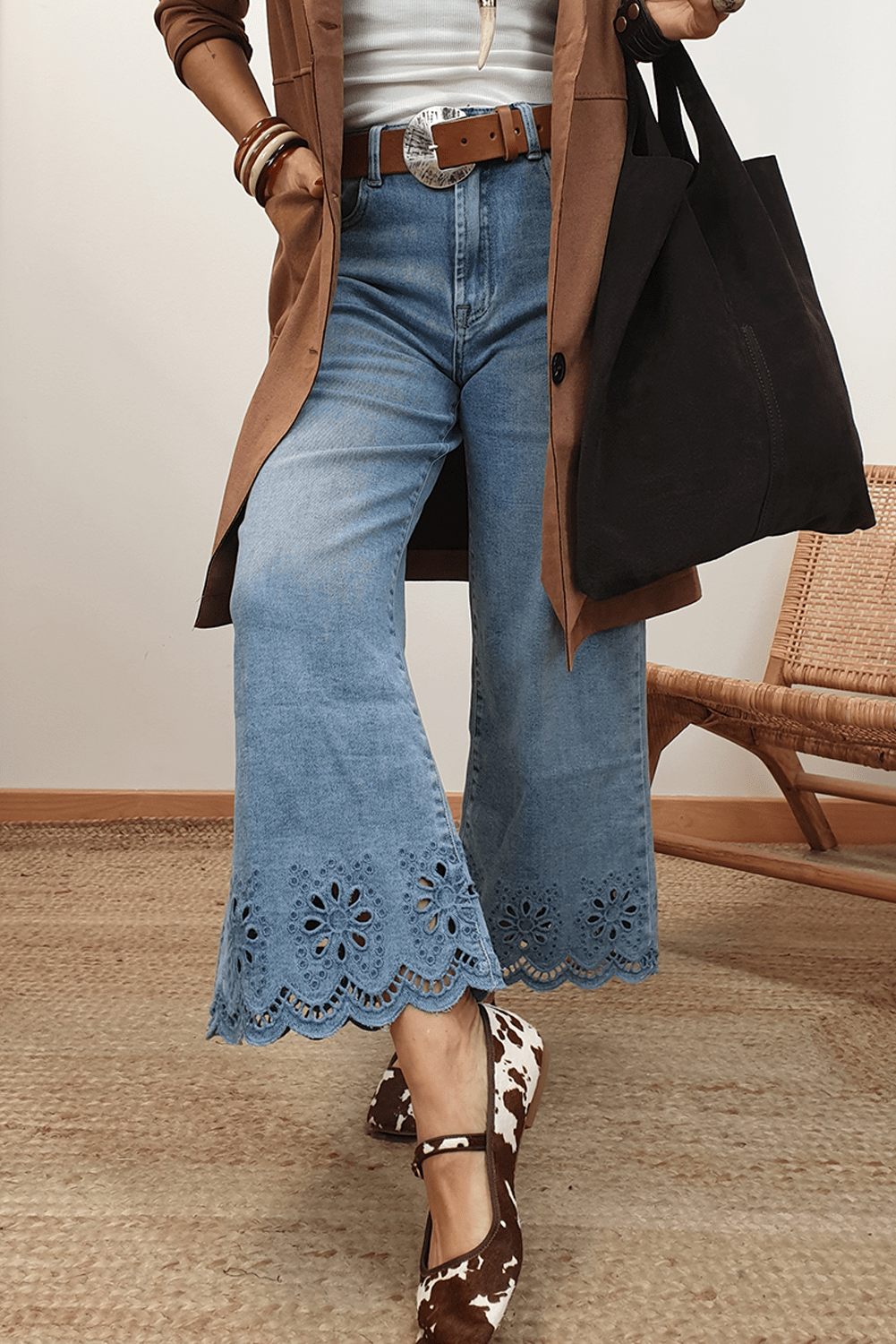 Dusk Blue Embroidered Cropped Wide Leg High Waist Jeans