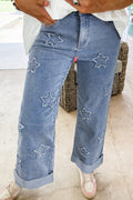 Dusk Blue Star Patched Straight Leg Loose Jeans