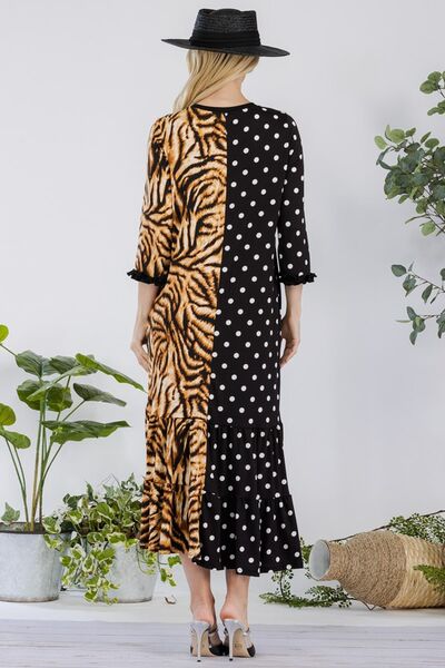 Full Size Polka Dot & Leopard Round Neck Midi Dress Plus Size