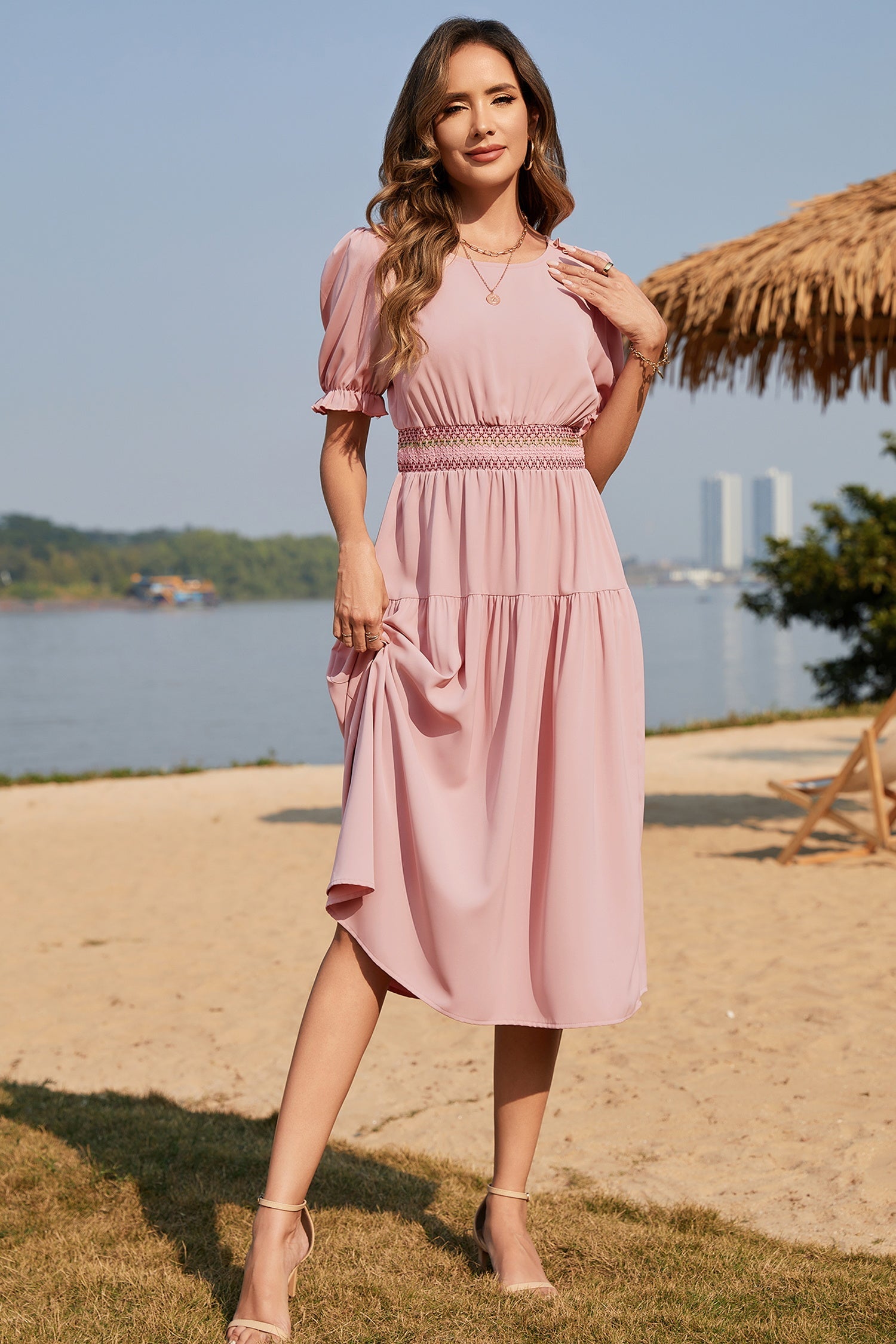 Apricot Contrast Shirred Elastic Waist Short Sleeve Midi Dress