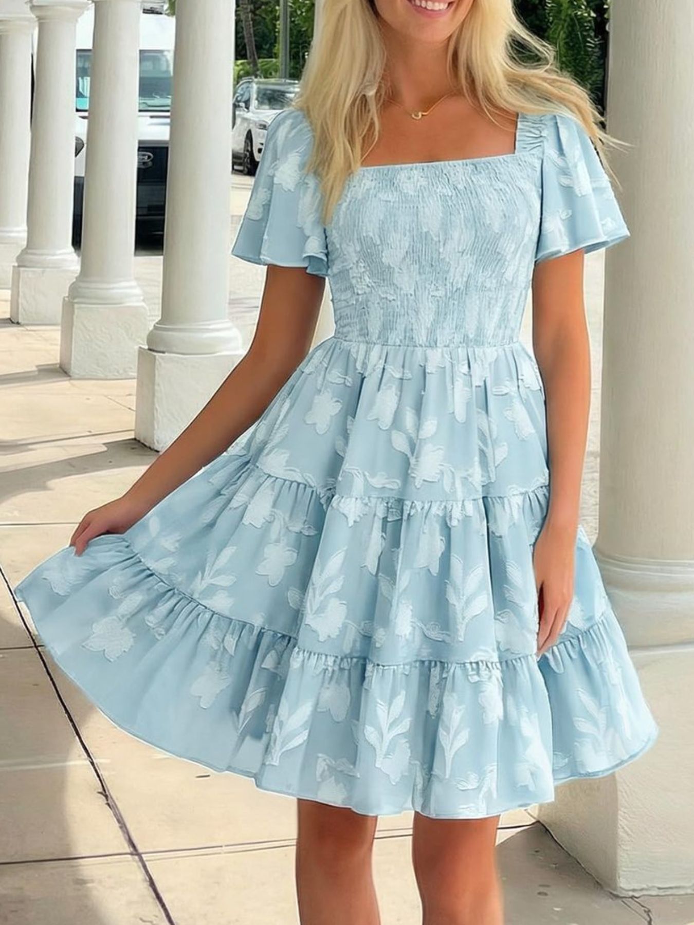Tiered Square Neck Short Sleeve Dress