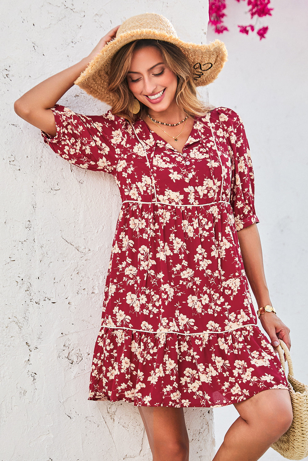 Yellow Floral Print Contrast Trim Button Tie Neck Swing Dress