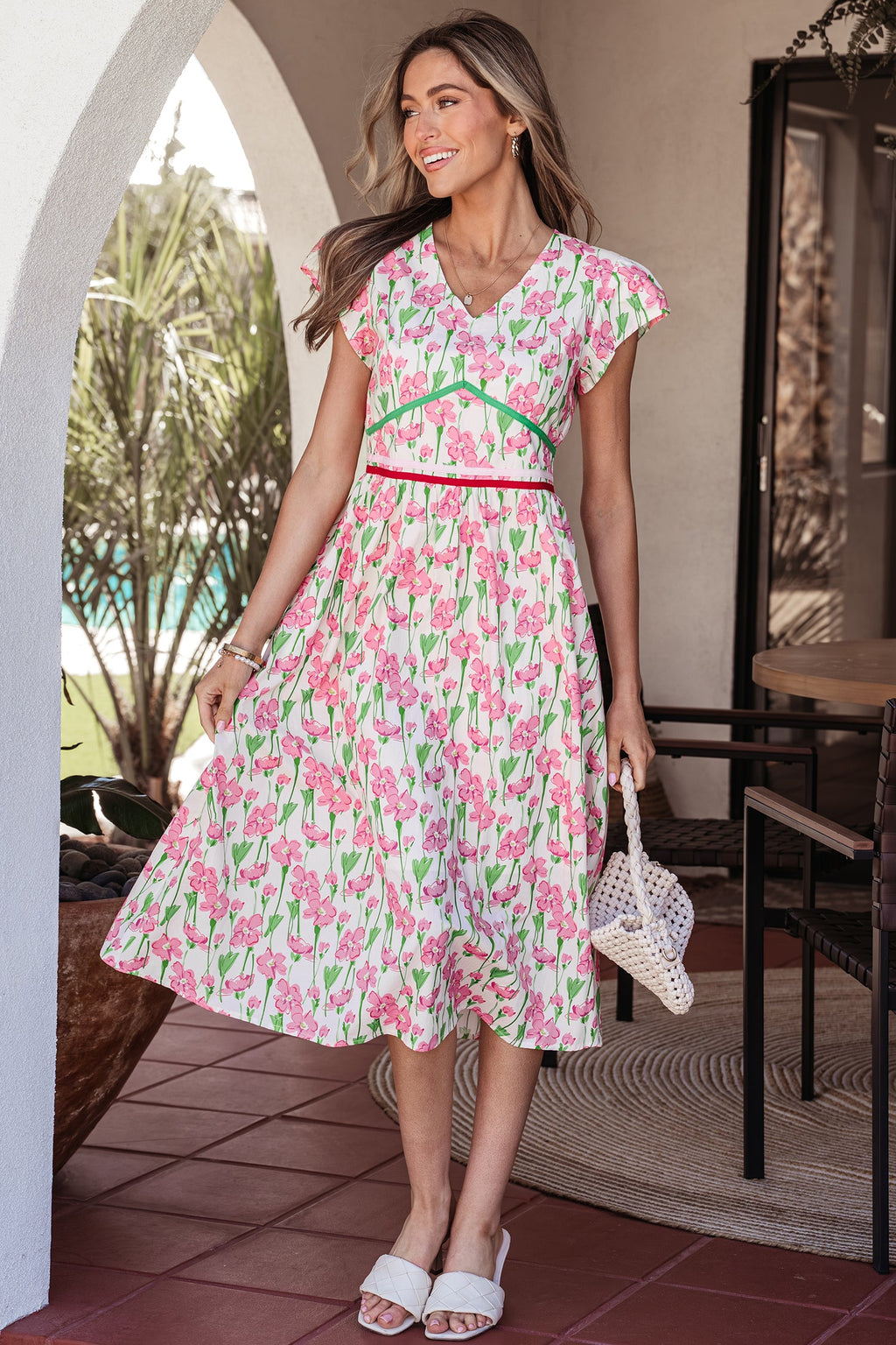 Floral Contrast Trim V-Neck Midi Dress