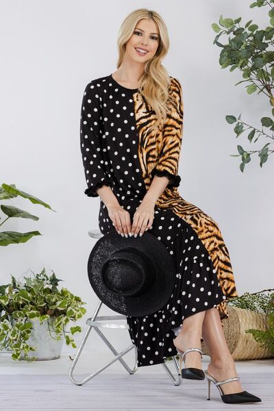 Full Size Polka Dot & Leopard Round Neck Midi Dress Plus Size