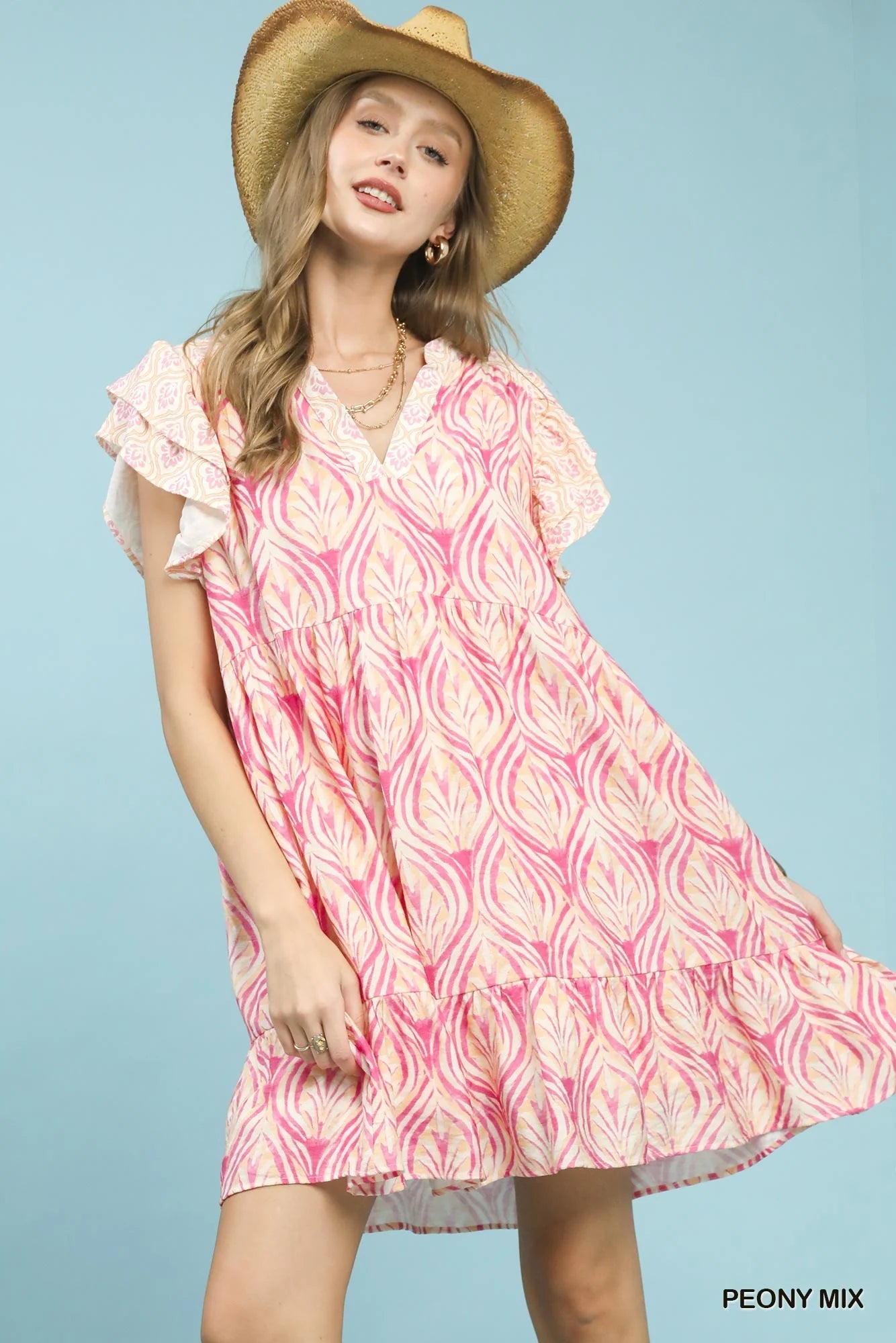 Mix Printed Flutter Sleeve Dress