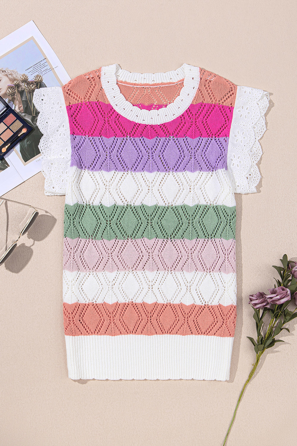 Rose Colorblock Hollowed Scallop Edge Knit Top